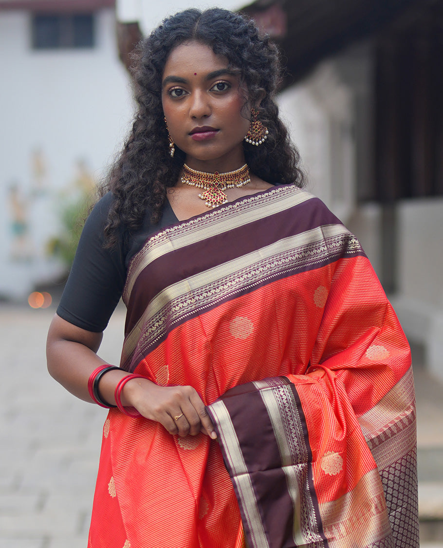 Reddish Orange-Coffee Brown Budget Silk Saree features Buttas and Vaira Oosi,Contrast Traditional Zari Rettai Pettu Border,Grand Pallu,and Contrast Blouse