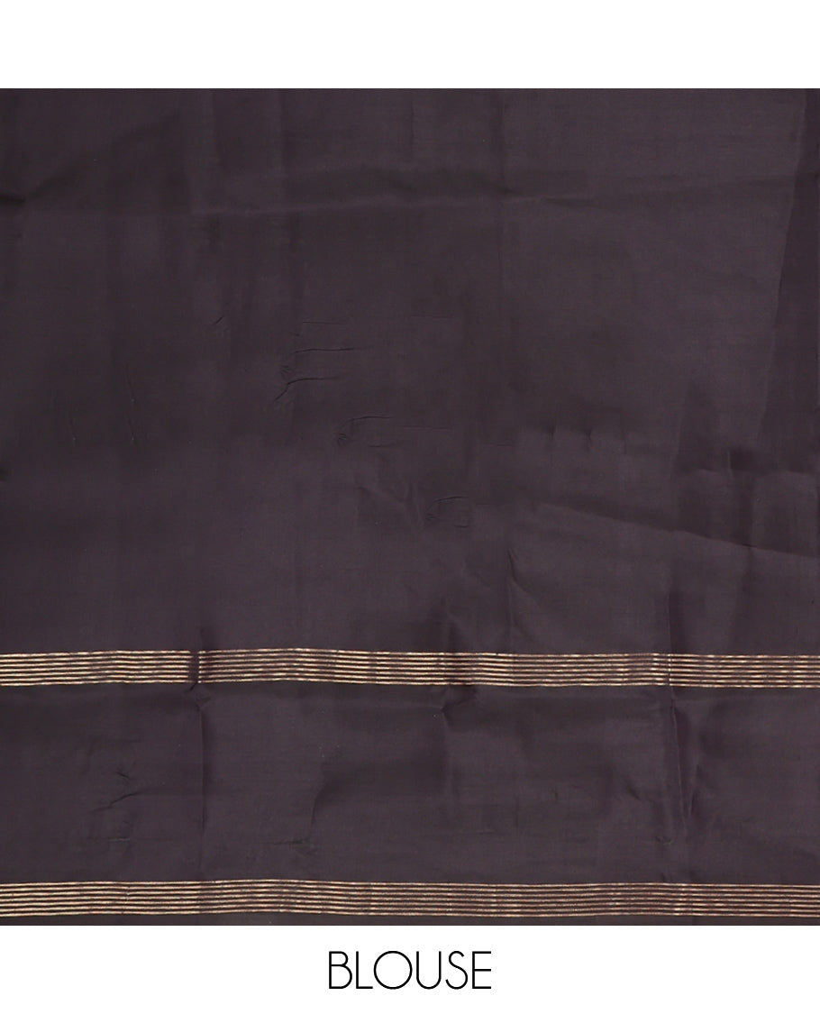 Dark Brown Vasundhara Silk Saree, Elevated with Thick Vaira Oosi-style Stripes On Its Body, Highlighted by Zari Unique Design Border, Grand Jaal Pallu, and Paired with a Matching Blouse