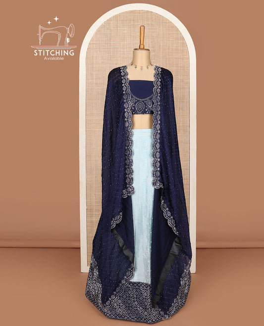 Baby blue lehenga set, gleaming jacquard with contrast geometric patterned border skirt, micro stone embroidered contrast blouse & stone work scallop dhavani