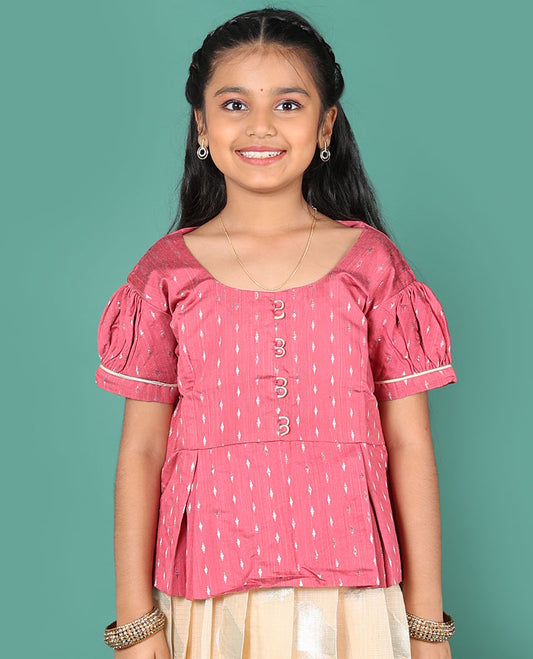 Sandal readymade art silk pavadai, sparrow buttas & contrast traditional border skirt, & contrast buttas round neck puff-sleeve blouse