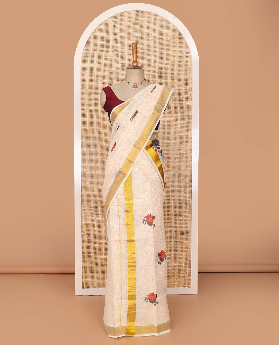 Cream all-over floral printed Kerala mundu set with zari border