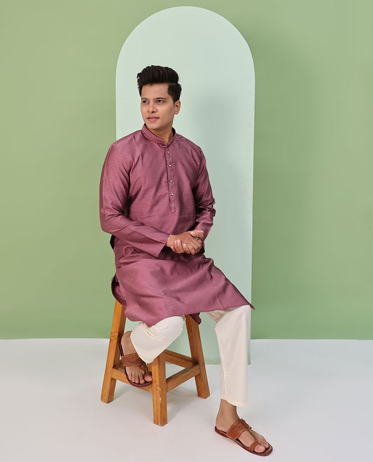 Rose wood pink embossed design full-sleeved kurta