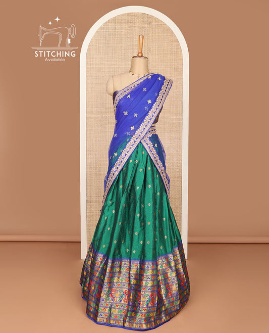Dark green floral buttas banaras half saree with contrast floral design border, zari design blouse & floral embroidery dhavani