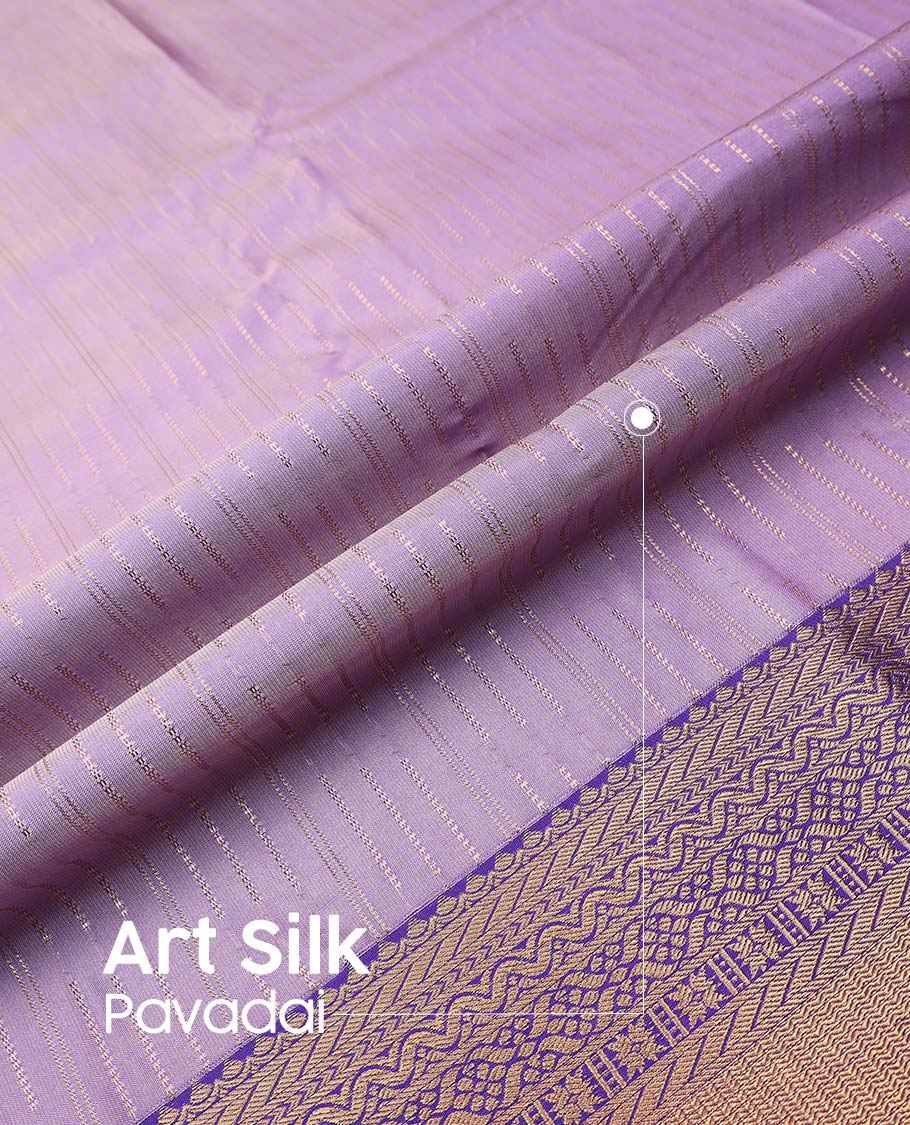 Purple art silk pavadai material, zari design with contrast traditional zari border skirt, and contrast blouse