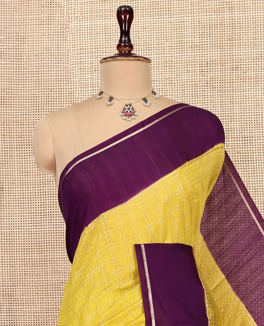Yellow Checked Assam Silk Saree, Contrast Zari Striped Border, Gleaming Zari-Striped Pallu, and a Contrast Blouse