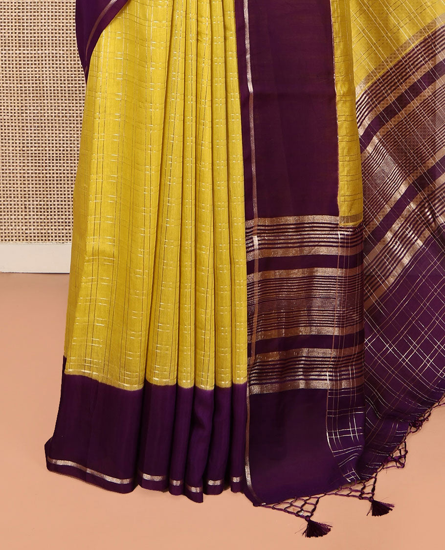 Yellow Checked Assam Silk Saree, Contrast Zari Striped Border, Gleaming Zari-Striped Pallu, and a Contrast Blouse