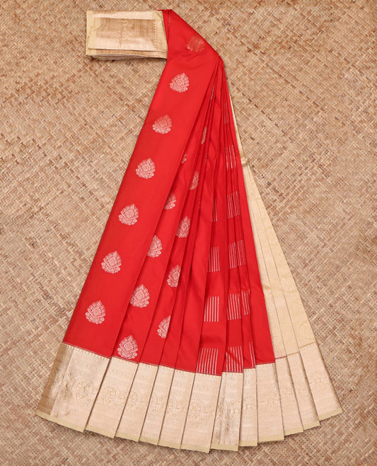 Bright Red Budget Silk Saree, Enthralled with Zari Buttas, Complemented by a Contrast Traditional Zari Border, Grand Pallu, and Contrast Blouse