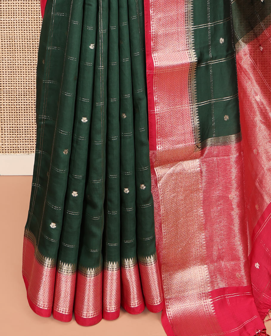 Green Assam Silk Saree, Beautified with Zari Butta Enclosed Checks, Complemented by a Contrast Zari Buttas Woven Border, Zari-Striped Pallu, and a Contrast Blouse