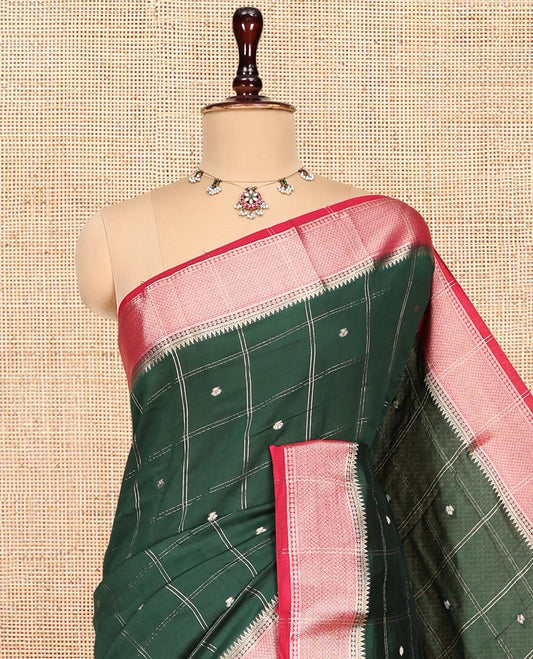 Green Assam Silk Saree, Beautified with Zari Butta Enclosed Checks, Complemented by a Contrast Zari Buttas Woven Border, Zari-Striped Pallu, and a Contrast Blouse