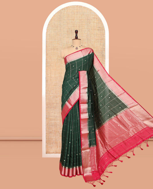 Green Assam Silk Saree, Beautified with Zari Butta Enclosed Checks, Complemented by a Contrast Zari Buttas Woven Border, Zari-Striped Pallu, and a Contrast Blouse