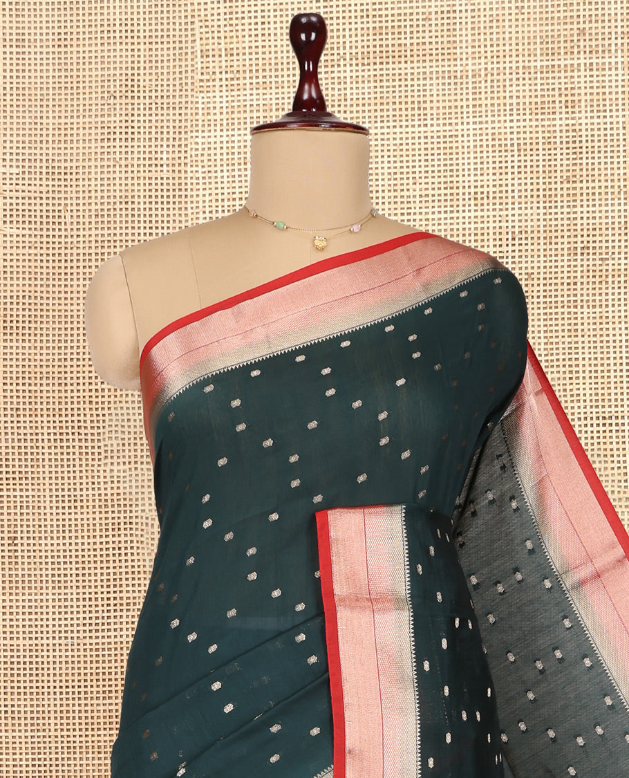 Green Assam Silk Saree, Detailed with Zari Buttas, Complemented by Contrast Zari Border,  Zari Woven Pallu, and Contrast Blouse