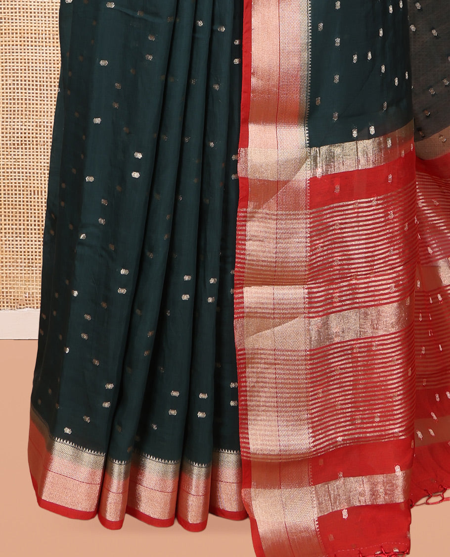 Green Assam Silk Saree, Detailed with Zari Buttas, Complemented by Contrast Zari Border,  Zari Woven Pallu, and Contrast Blouse