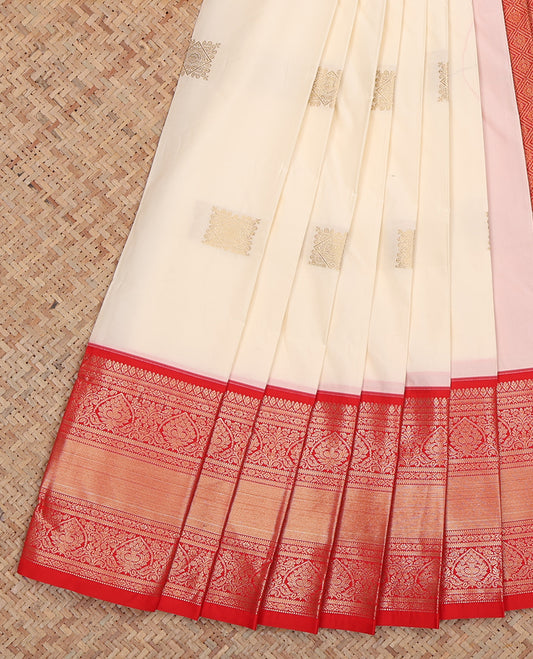 White Budget Silk Saree, Highlighted by Zari Buttas, Complemented by a Contrast Traditional Zari Border, Grand Jaal Pallu, and Contrast Blouse