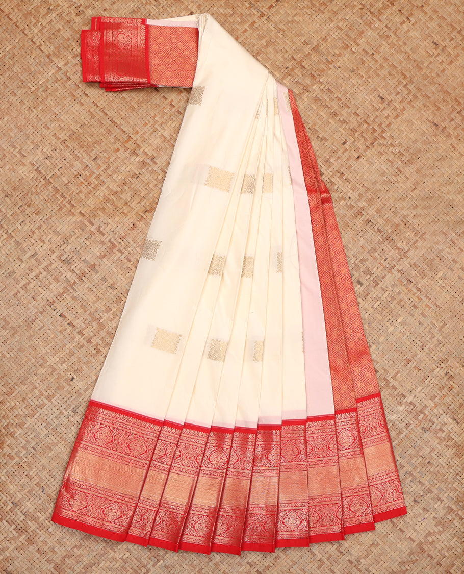 White Budget Silk Saree, Highlighted by Zari Buttas, Complemented by a Contrast Traditional Zari Border, Grand Jaal Pallu, and Contrast Blouse
