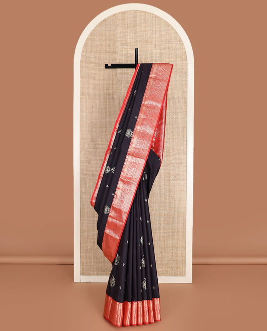 Black zari buttas gift saree, contrast traditional zari design border, and geometric patterned pallu