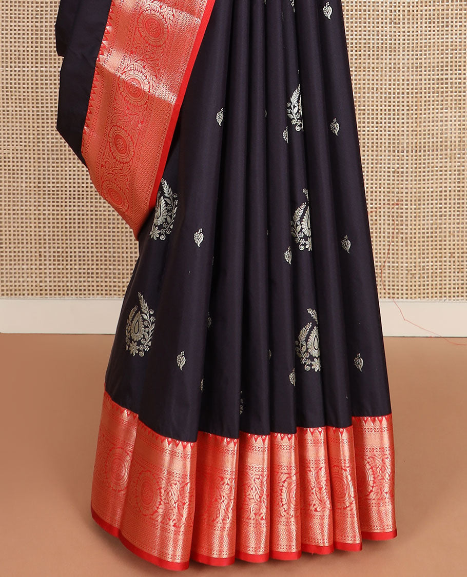 Black zari buttas gift saree, contrast traditional zari design border, and geometric patterned pallu