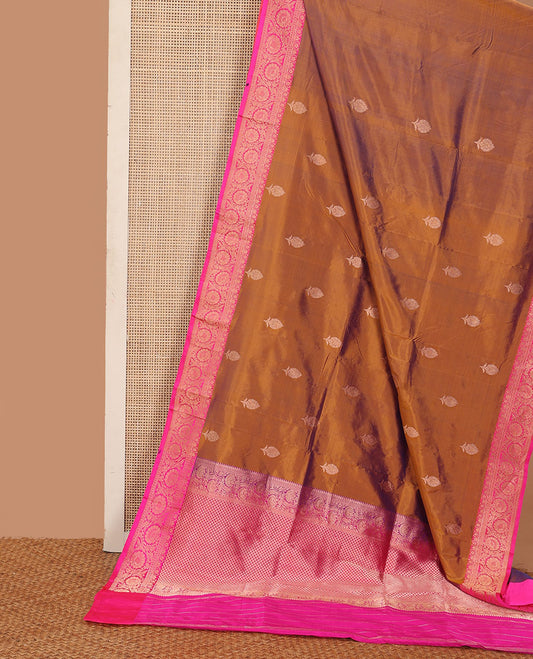 Brown floral buttas katan silk saree, contrast traditional floral creeper border, and jaal pallu