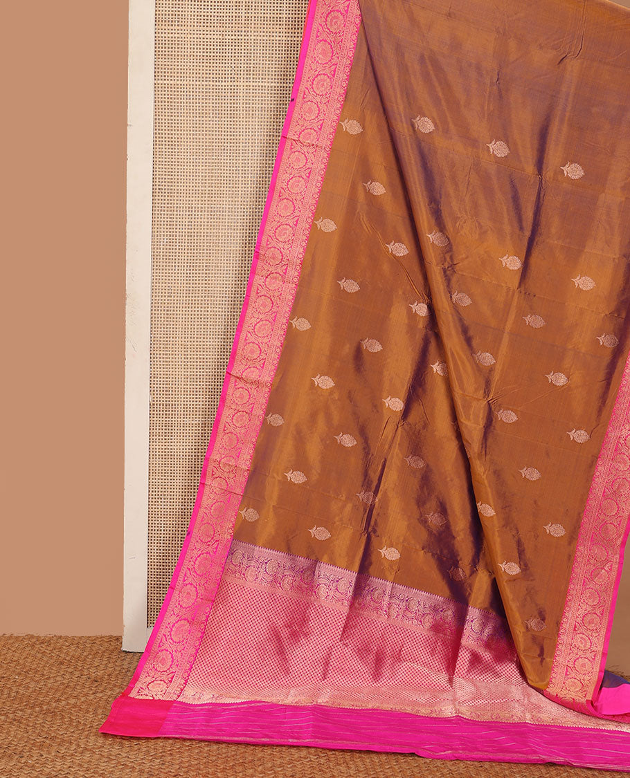 Brown floral buttas katan silk saree, contrast traditional floral creeper border, and jaal pallu