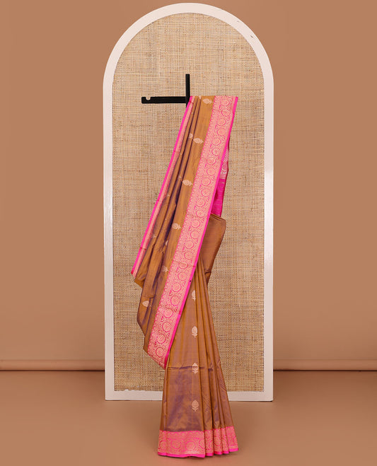 Brown floral buttas katan silk saree, contrast traditional floral creeper border, and jaal pallu