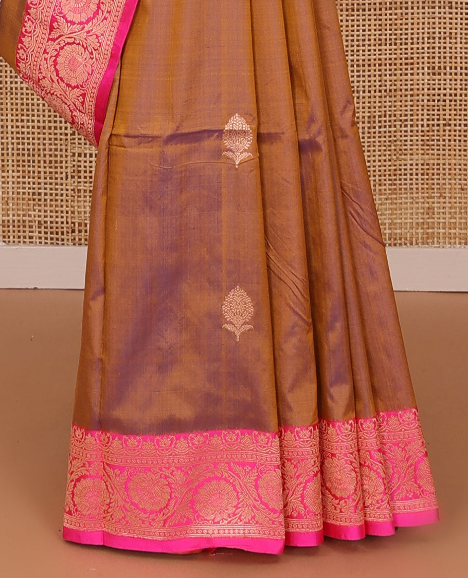 Brown floral buttas katan silk saree, contrast traditional floral creeper border, and jaal pallu