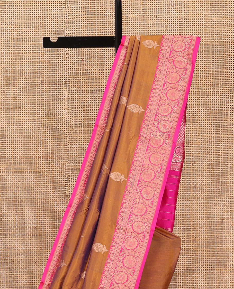 Brown floral buttas katan silk saree, contrast traditional floral creeper border, and jaal pallu