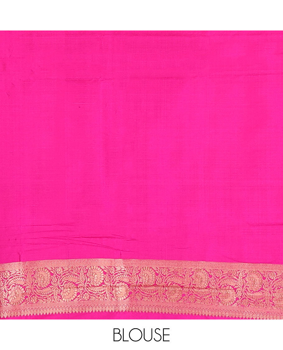 Brown floral buttas katan silk saree, contrast traditional floral creeper border, and jaal pallu