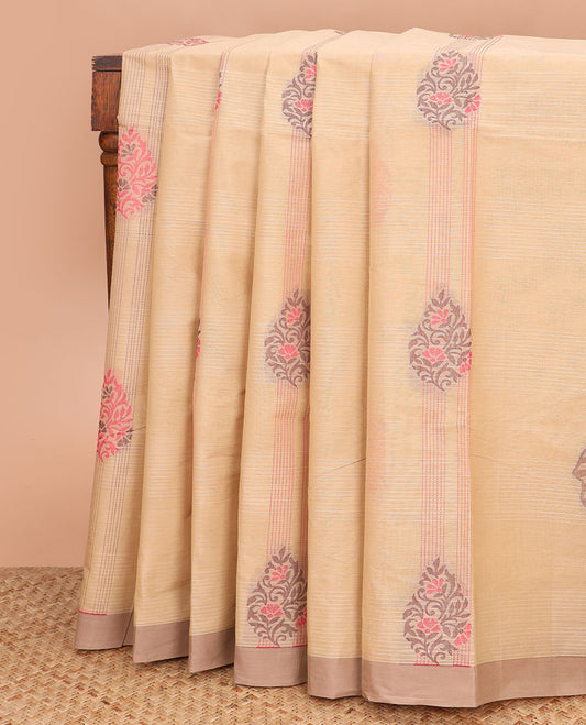 Sandal striped and buttas coimbatore cotton saree, contrast plain border and pallu of leaf and paisley designs