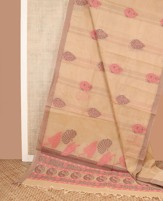 Sandal striped and buttas coimbatore cotton saree, contrast plain border and pallu of leaf and paisley designs