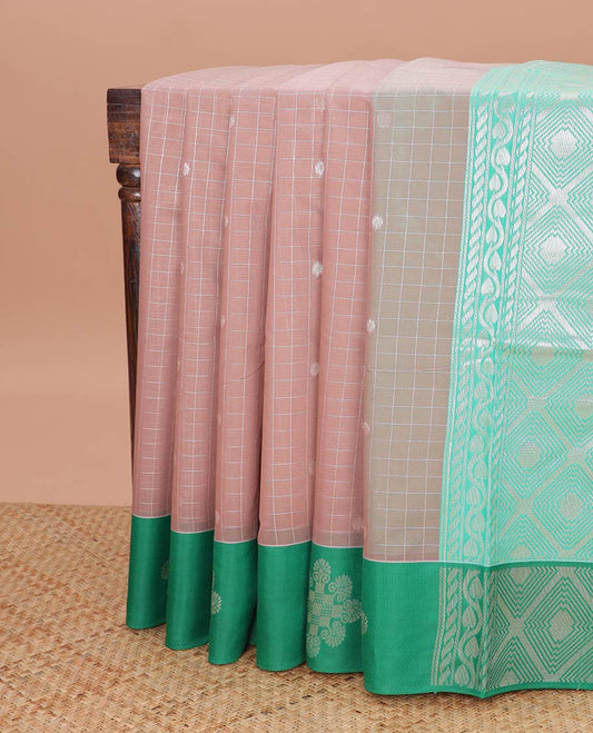 Brown checked, floral design semi silk cotton saree with contrast floral design border & argyle design pallu