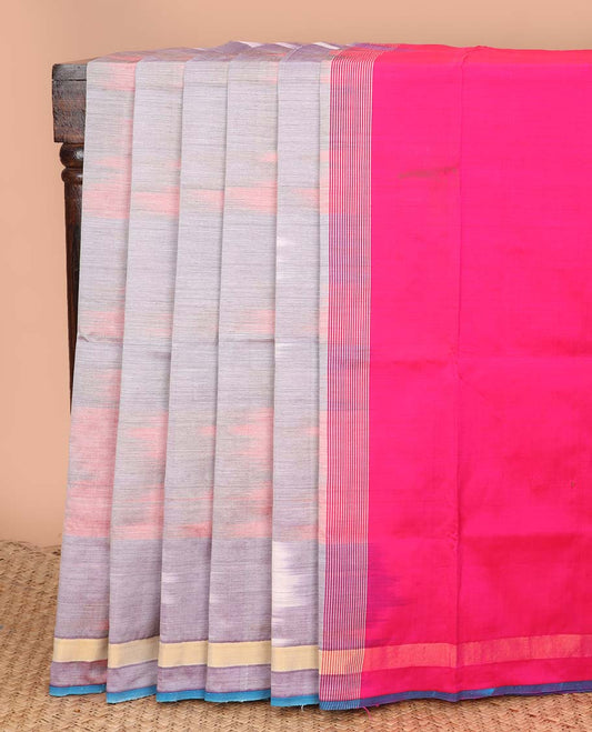 Multi-color ikkat design poly cotton saree, self-border, and contrast striped pallu