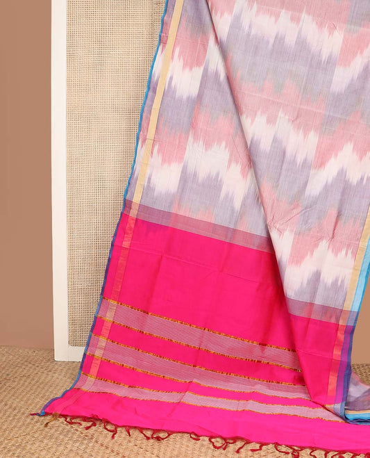 Multi-color ikkat design poly cotton saree, self-border, and contrast striped pallu