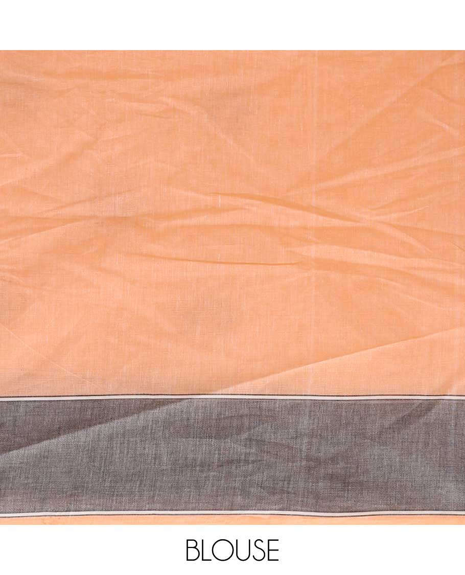 Orange lotus motifs printed Chirala cotton saree, contrast floral & peacock printed border & pallu of floral & bird print