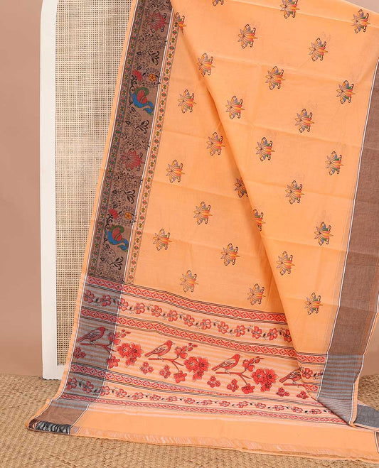 Orange lotus motifs printed Chirala cotton saree, contrast floral & peacock printed border & pallu of floral & bird print