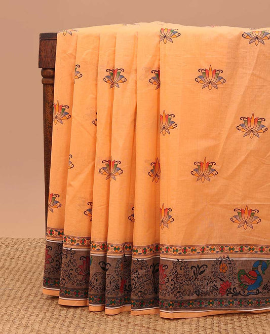 Orange lotus motifs printed Chirala cotton saree, contrast floral & peacock printed border & pallu of floral & bird print