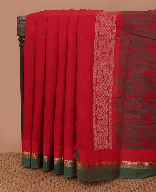 Red unique motifs kanchi cotton saree, contrast zari border, and pallu of circle and manga motifs