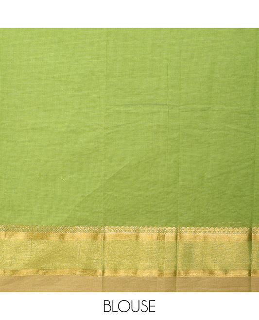 Parrot green buttas kanchi cotton saree, contrast thread and zari paisley border, and pallu of chevron and leaf motifs