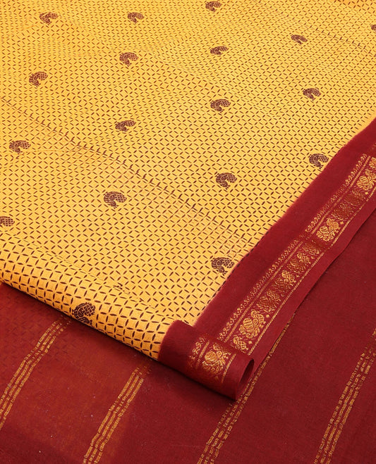Yellow checked and peacock nine-yard cotton saree, contrast traditional zari border, and pallu of stripes