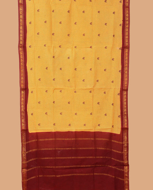 Yellow checked and peacock nine-yard cotton saree, contrast traditional zari border, and pallu of stripes