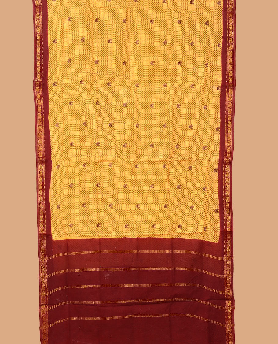 Yellow checked and peacock nine-yard cotton saree, contrast traditional zari border, and pallu of stripes