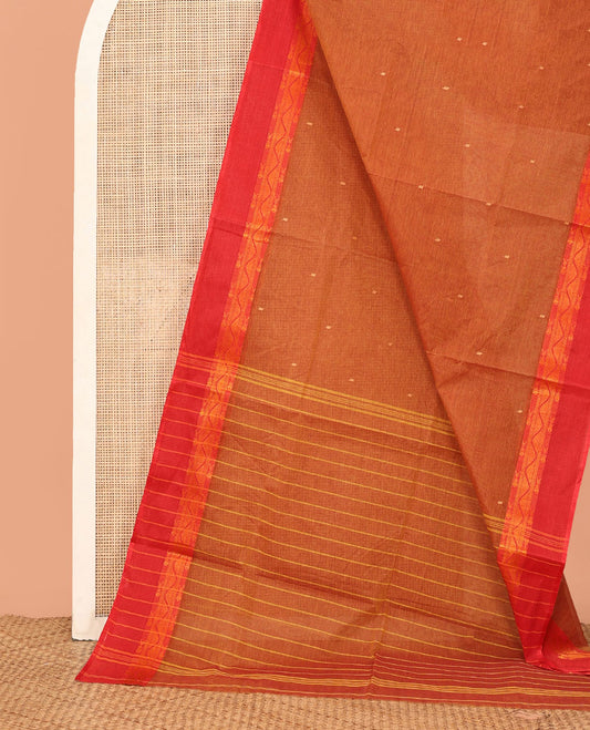 Orange Bengal Cotton Saree, Subtly Woven with Buttas, a Contrast Border, Striped Pallu, and No Blouse