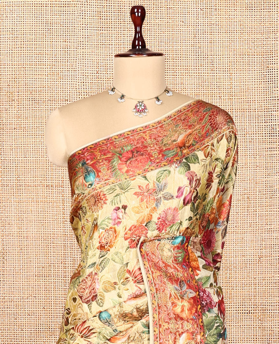 Off-White Tropical Floral Russian Dola Tissue Saree, Contrast Floral-Bird Border, and a Contrast Blouse