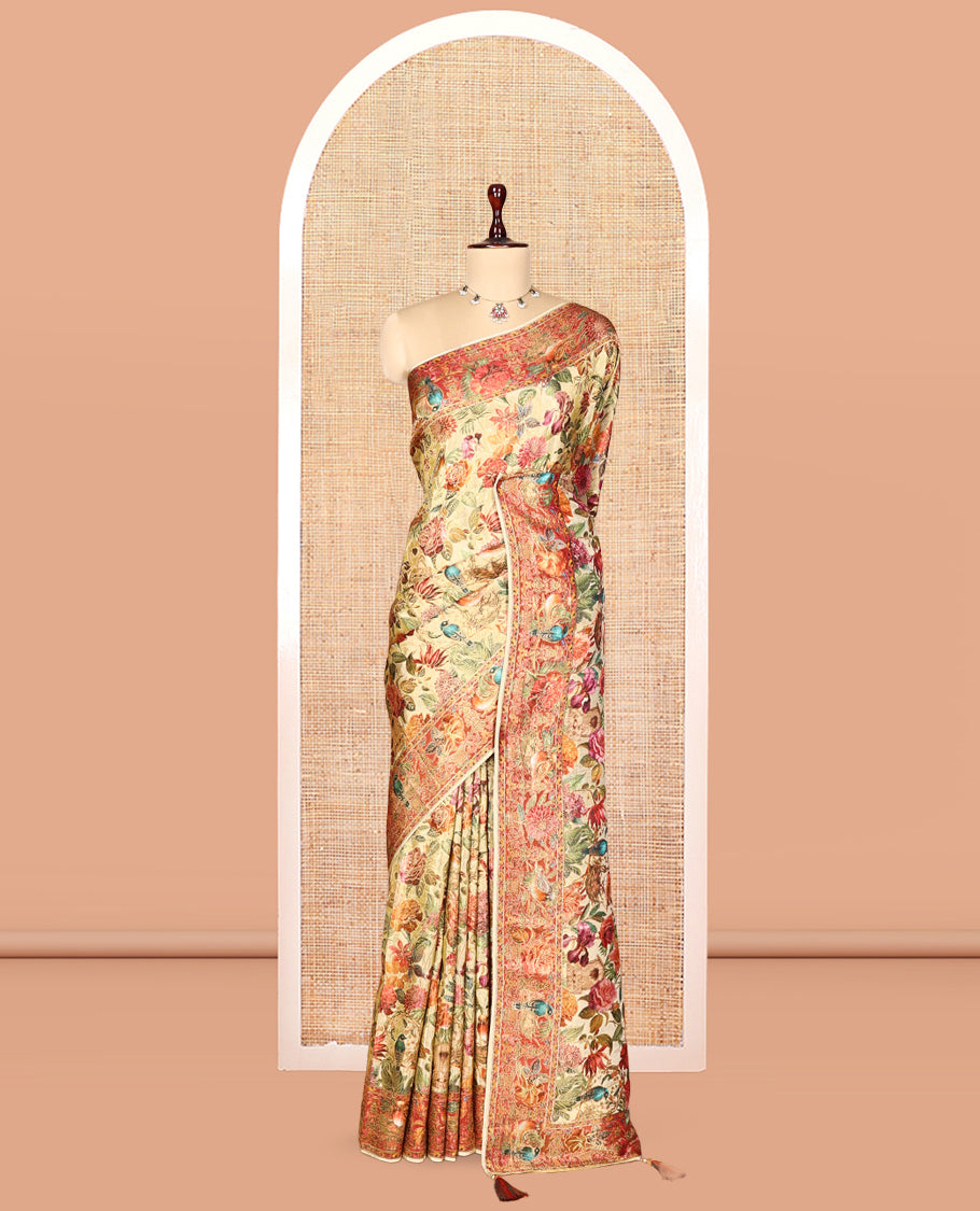 Off-White Tropical Floral Russian Dola Tissue Saree, Contrast Floral-Bird Border, and a Contrast Blouse