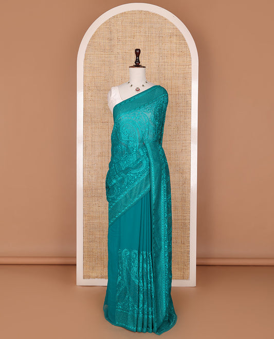 Blue thread paisley-floral embroidered with micro-stone work designer saree