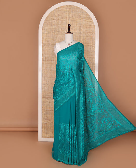 Blue thread paisley-floral embroidered with micro-stone work designer saree