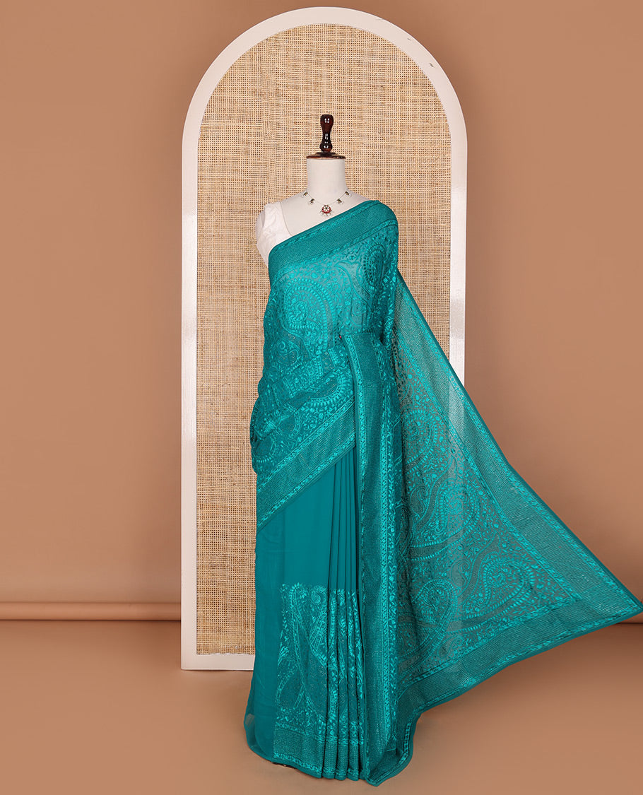 Blue thread paisley-floral embroidered with micro-stone work designer saree