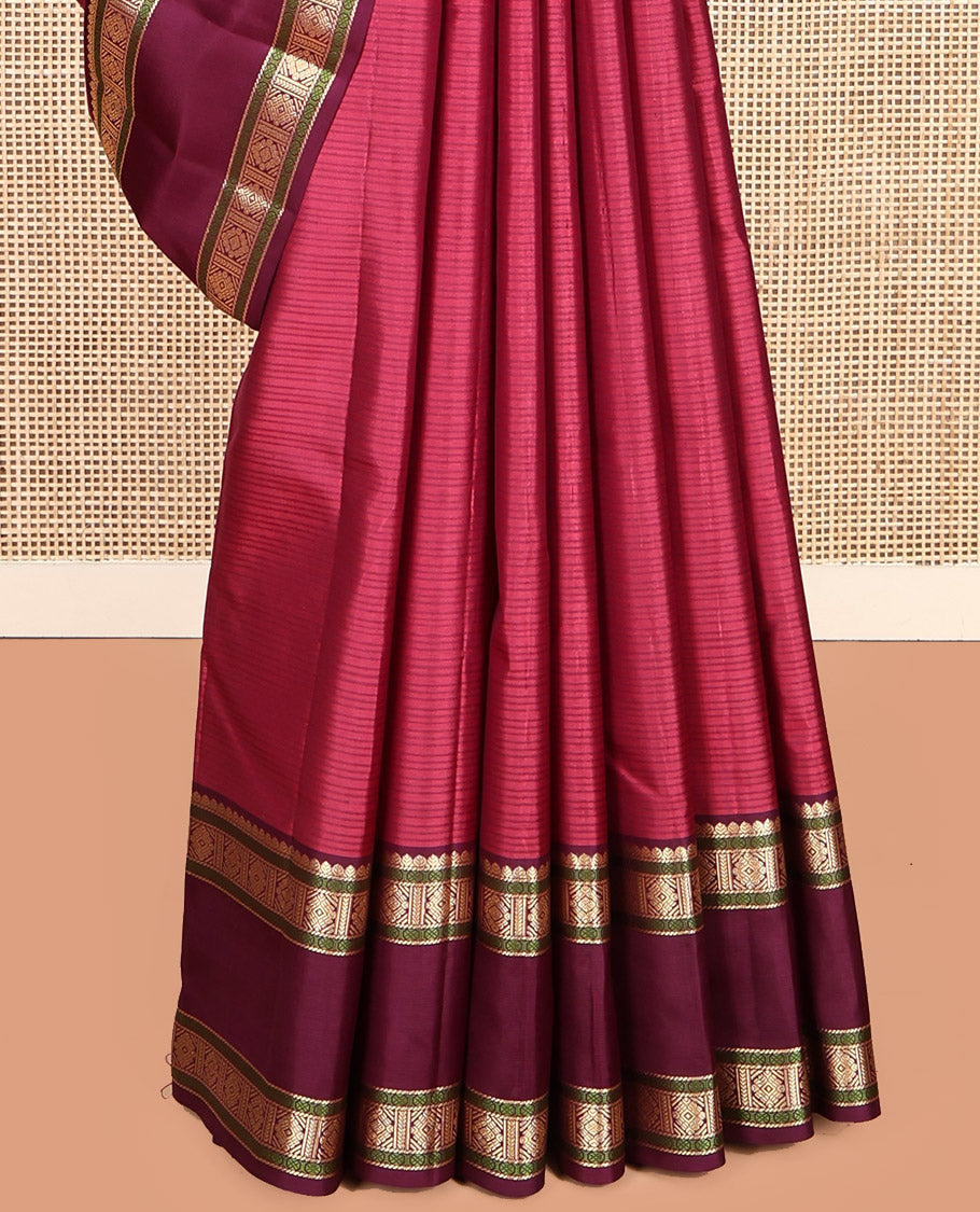 Red Striped Kanchipuram Silk Saree, Complemented by Contrast Rettai Pettu Border, Pallu of Intricate Designs, and a Contrast Blouse