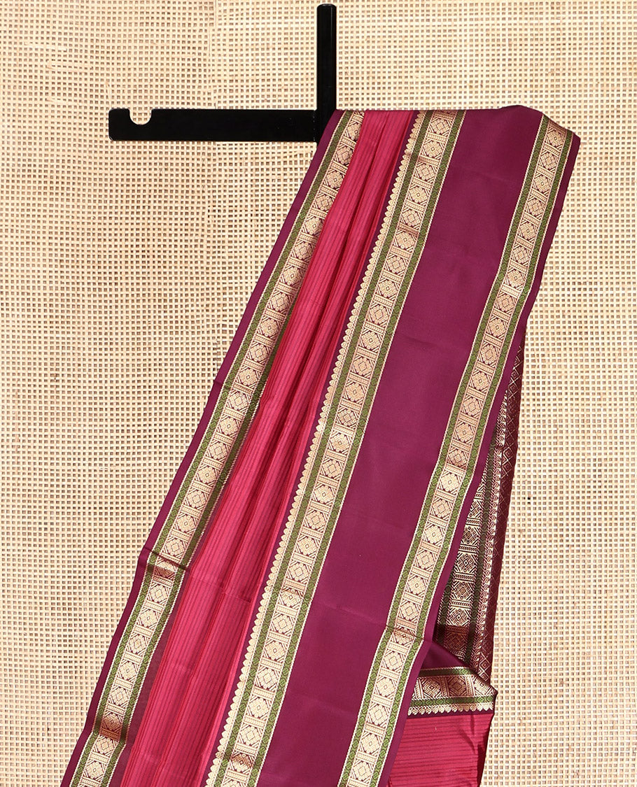 Red Striped Kanchipuram Silk Saree, Complemented by Contrast Rettai Pettu Border, Pallu of Intricate Designs, and a Contrast Blouse