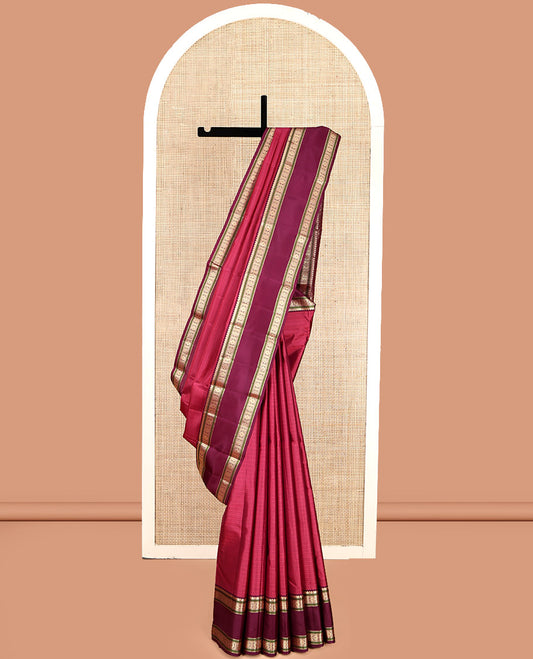 Red Striped Kanchipuram Silk Saree, Complemented by Contrast Rettai Pettu Border, Pallu of Intricate Designs, and a Contrast Blouse