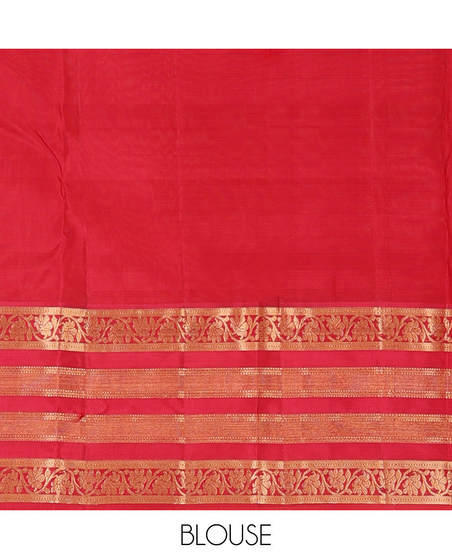 Blue plain Kanchipuram silk saree, contrast border of muthu, neli, and kodi visiry designs, and diagonally woven pallu