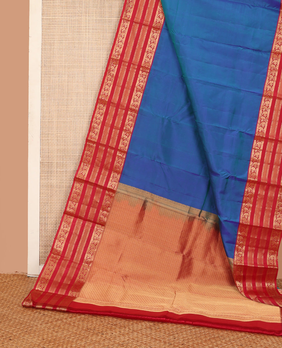 Blue plain Kanchipuram silk saree, contrast border of muthu, neli, and kodi visiry designs, and diagonally woven pallu